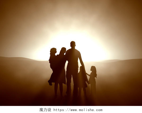 面向大山阳光的一家五口母子父子家庭黑色剪影